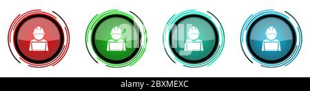 Engineer with laptop round glossy vector icons, worker, manager set of buttons for webdesign, internet and mobile phone applications in four colors op Stock Vector