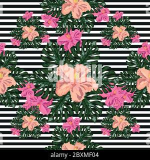 Exotic seamless pattern with tropical leaves and flowers on a black background. Striped background. Stock Vector
