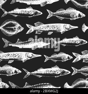 Hand drawn fish seamless pattern. Vector seafood illustrations on chalk board. Vintage marine background Stock Vector