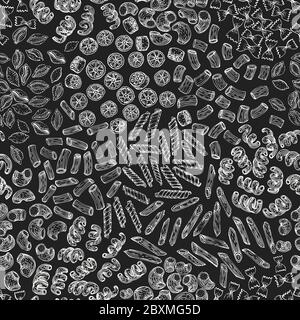 Hand drawn pasta seamless pattern. Vector pasta kinds illustrations on chalk board. Vintage food background Stock Vector