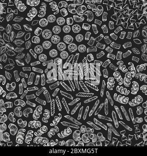 Hand drawn pasta seamless pattern. Vector pasta kinds illustrations on chalk board. Vintage food background Stock Vector