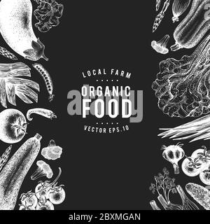 Hand drawn vegetables design template. Vector vegetable illustrations on chalk board. Vintage food background Stock Vector