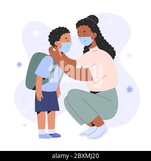 Mother putting on face mask on her child boy for protection against coronavirus infection, cartoon realistic characters, covid prevention, parent Stock Vector