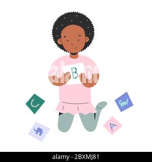 Little girl palying with alphabet flash cards, toddler child with abc cardboard with letters learning alphabet, indoors activities for babies, vector Stock Vector