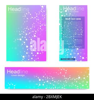 Set flyer, brochure size A4 template,banner. Molecular structure with connected lines and dots.Colorful vector covers with titles Stock Vector