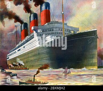 RMS Majestic. A passanger ship built 1914 and was originally named SS Bismarck. It was 291 meter long and took 3500 passangers. White Star Line had the ship cross the atlantic in five days, 18 hours, 8 minutes at a cruising speed of average 20,1 knots. Illustration from 1923 Stock Photo