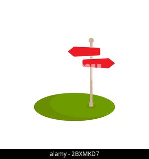 Red arrow signpost, pole pointer on grass. Street or road sign isolated on white background. Vector flat illustration isolated on white Stock Vector