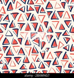 Playful Bule White and Red Geometric Vector Seamless Pattern with Hand-Drawn with Brush Triangles Stock Vector
