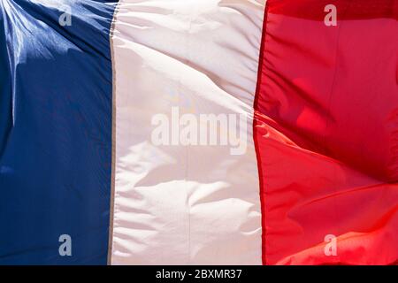 French blue white red flag background, real fabric Stock Photo