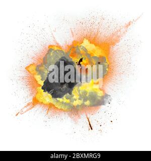 Extremely hot fiery explosion with sparks and smoke, against white background. Texture of fire and smoke Stock Photo