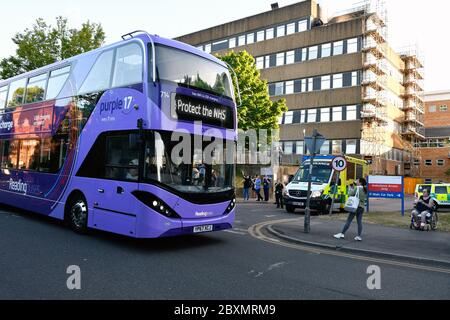 Reading bus, Protect the NHS support, during Coronavirus lockdown, Royal Berkshire Hospital UK May 2020 Stock Photo