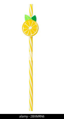 Single yellow drinking cocktail straw decorated with pink flamingo