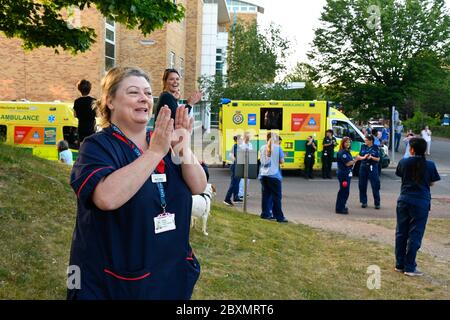 Clinical Support Manager clapping at Thursday 8pm celebration during Coronavirus lockdown, Royal Berkshire Hospital UK May 2020 Stock Photo