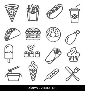 Fast food line icons set on white background Stock Vector