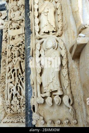 Detailed carvings at the entrance of t he Cathedral of St. Lawrence in Trogir, Croatia. Stock Photo