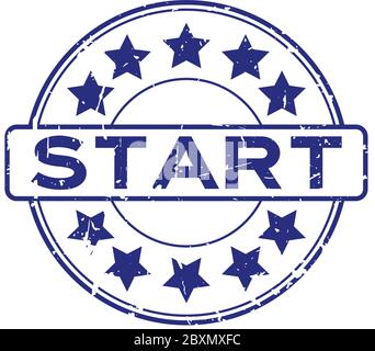 Grunge blue start with star icon round rubber seal stamp on white background Stock Vector