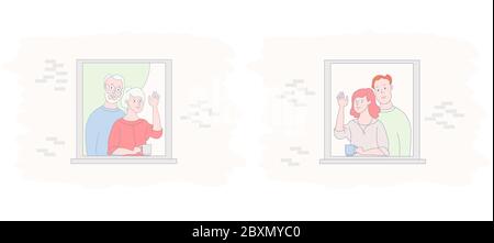 The facade of the house with open windows. The neighbors greet, wave their hands and drink tea. An elderly couple and a young family communicate Stock Vector
