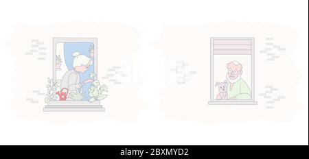 windows with elderly couple. The facade of the house with open windows and neighbors. An old man with a dog and an old woman. Watering flowers and Stock Vector