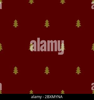 Tiny gold trees on red background. Seamless Christmas tree pattern for wrapping paper or textile. Winter wallpaper Stock Vector