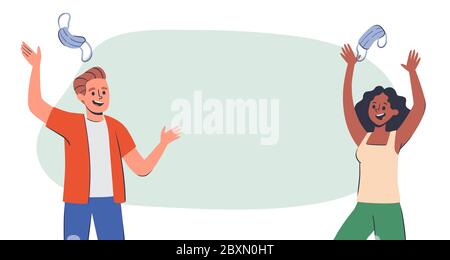 Young couple celebrating the end of the COVID-19 virus pandemic by throwing their surgical masks into the air. Hand drawn vector illustration. Stock Vector