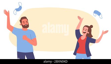 Young couple celebrating the end of the COVID-19 virus pandemic by throwing their surgical masks into the air. Horizontal banner design, with blank sp Stock Vector