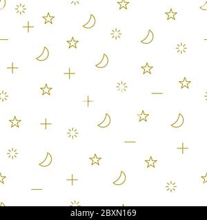Digital seamless pattern with moon, stars and geometric shapes. Background for web design. Gold and white modern line background Stock Vector