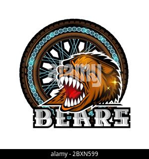Bear's head in center of motorcycle wheel, color label isolated on white. Stock Vector