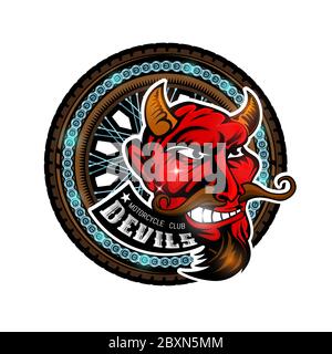 Devil's head in center of motorcycle wheel, color label on white. Stock Vector