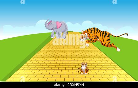 animals are running on a golden road in a garden Stock Vector