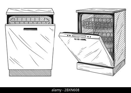 Dishwasher isolated on white background. Vector illustration of a sketch style. Stock Vector