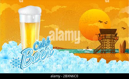 Glass of beer in ice cubes with miami beach landscape. Stock Vector