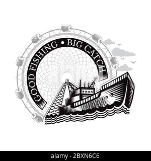 Fishing boat catching fish on round net background Stock Vector