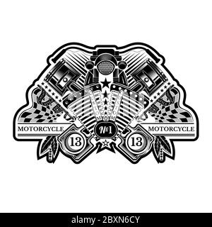 Motor with two crossed pistons between checkered flags. Vintage motorcycle design on white. Stock Vector