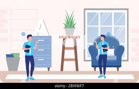 two identical brothers are talking to each other at home Stock Vector