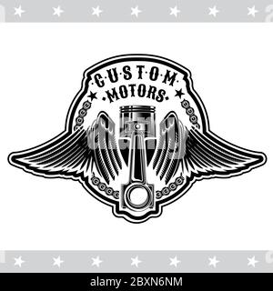 Piston between wings. Vintage design repair of car and motorcycle on white background Stock Vector