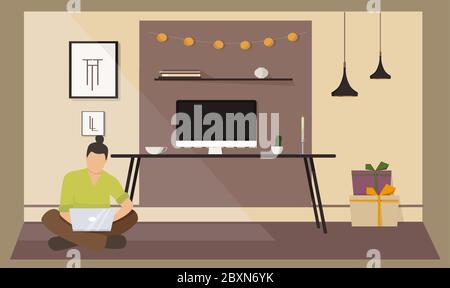 man is working on laptop, sitting on ground in his home Stock Vector