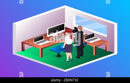 isometric view of office with couple and electronic devices Stock Vector