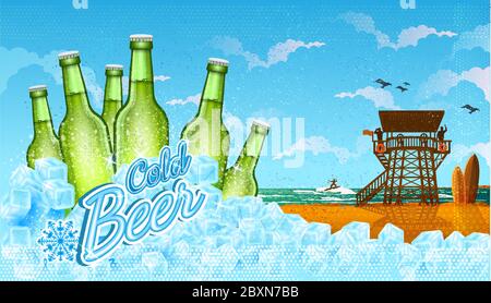 Six bottles of beer in ice cubes with beach landscape. Stock Vector