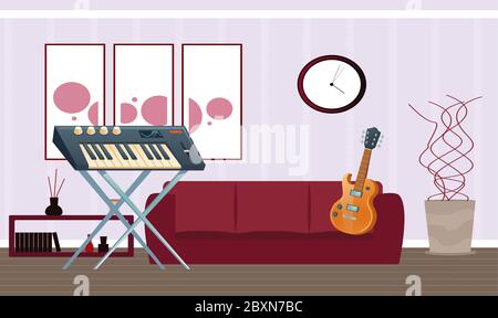 music instruments placed in a living room Stock Vector