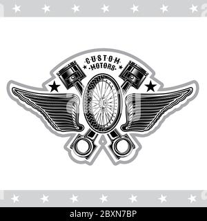 Two crossed pistons and wheel side view in center of wings. Vintage design for repair service on white background. Stock Vector