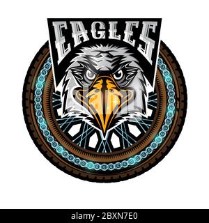 Eagle's head in center of motorcycle wheel, Label on black background Stock Vector