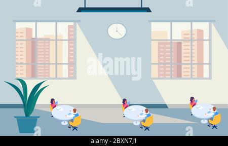 employees are meeting in office with social distancing Stock Vector