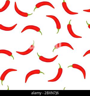 Chili peppers seamless pattern. Texture with small red hot chile peppers on white background. Cartoon paprika for packaging. Stock vector illustration Stock Vector