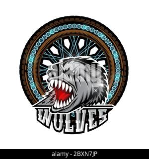Wolf's head in center of motorcycle wheel, color label on white. Stock Vector