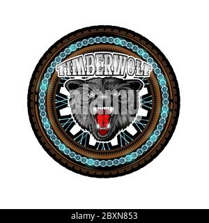 Wolf's head in center of motorcycle wheel, color label on white background Stock Vector