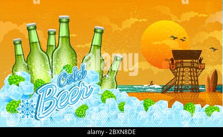 Six bottles of beer in ice cubes and hops cones, with sun set beach. Stock Vector