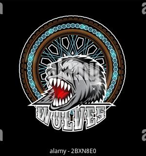 Wolf's head in center of motorcycle wheel, color label on black. Stock Vector