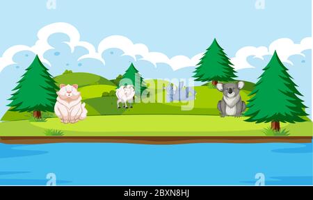 animals are taking rest near the river in the forest Stock Vector