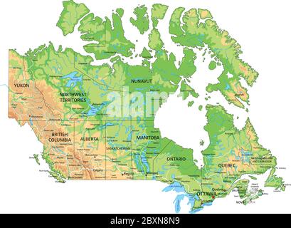 High detailed Canada physical map with labeling. Stock Vector