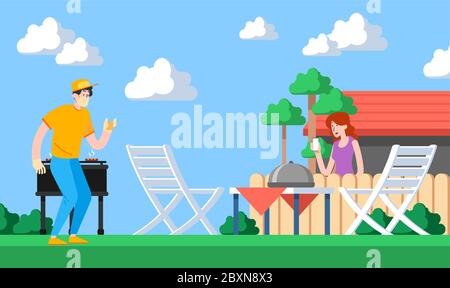 man is cooking food for his wife in home garden Stock Vector